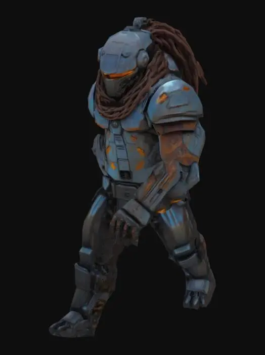 3D model for Ultra-detailed 3D render of a colossal muscular cyborg 'Tank Metalhead'. holographic rusty metal. Hyper-realistic textures: oiled metallic skin fused with armored plating, rivets, and battle scars. Instead of a head, a rusted tank turret emerges, with 5 thick, cable-like dreadlocks made of braided steel chains and hydraulic hoses. Boris Vallejo-inspired palette: burnished copper, gunmetal gray, and blood-red tribal tattoos glowing across chest.  roaring mid-stride on a shattered battlefield, crushing debris under tank-tread boots. Dramatic sunset lighting accentuates chrome abs and dieselpunk exhaust pipes on shoulders. 8k resolution, Unreal Engine 5 realism, subsurface scattering on skin, octane render. Style: hybrid of biomechanical horror and heavy metal album art. T-posed.