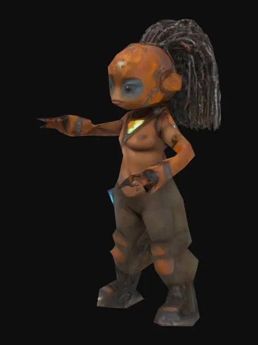 3D model for T-posed. Ultra-detailed 3D render of a petite female fit beautiful nature cyborg 'Tank Metalhead'. holographic rusty metal. Hyper-realistic textures: oiled metallic skin fused with armored plating, rivets, and battle scars. Instead of a head, a rusted tank turret emerges, with 5 thick, cable-like dreadlocks made of braided steel chains and hydraulic hoses. Boris Vallejo-inspired palette: burnished copper, gunmetal, and blood-red tribal tattoos glowing across chest.  roaring mid-stride on a shattered battlefield, crushing debris under tank-tread boots. Dramatic sunset lighting accentuates chrome abs and dieselpunk exhaust pipes on shoulders. 8k resolution, Unreal Engine 5 realism, subsurface scattering on skin, octane render. Style: hybrid of biomechanical horror and heavy metal album art. 
