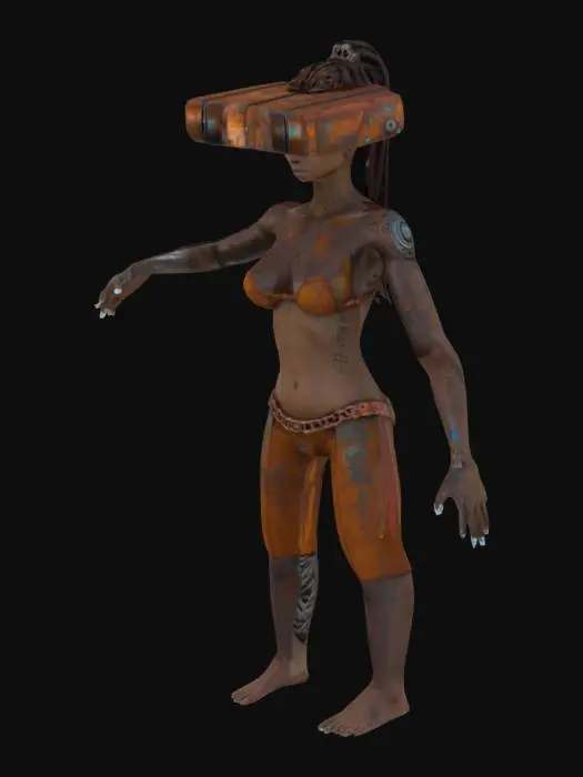 3D model for Ultra-detailed 3D render of a petite female fit beautiful nature cyborg 'Tank Metalhead'. holographic rusty metal. Hyper-realistic textures: oiled metallic skin fused with armored plating, rivets, and battle scars. Instead of a head, a rusted tank turret emerges, with 5 thick, cable-like dreadlocks made of braided steel chains and hydraulic hoses. Boris Vallejo-inspired palette: burnished copper, gunmetal, and blood-red tribal tattoos glowing across chest.  roaring mid-stride on a shattered battlefield, crushing debris under tank-tread boots. Dramatic sunset lighting accentuates chrome abs and dieselpunk exhaust pipes on shoulders. 8k resolution, Unreal Engine 5 realism, subsurface scattering on skin, octane render. Style: hybrid of biomechanical horror and heavy metal album art. T-posed.