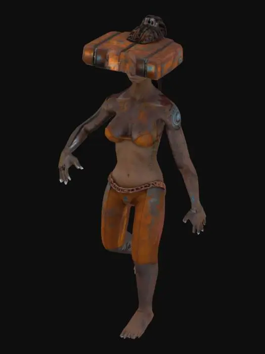3D model for Ultra-detailed 3D render of a petite female fit beautiful nature cyborg 'Tank Metalhead'. holographic rusty metal. Hyper-realistic textures: oiled metallic skin fused with armored plating, rivets, and battle scars. Instead of a head, a rusted tank turret emerges, with 5 thick, cable-like dreadlocks made of braided steel chains and hydraulic hoses. Boris Vallejo-inspired palette: burnished copper, gunmetal, and blood-red tribal tattoos glowing across chest.  roaring mid-stride on a shattered battlefield, crushing debris under tank-tread boots. Dramatic sunset lighting accentuates chrome abs and dieselpunk exhaust pipes on shoulders. 8k resolution, Unreal Engine 5 realism, subsurface scattering on skin, octane render. Style: hybrid of biomechanical horror and heavy metal album art. T-posed.