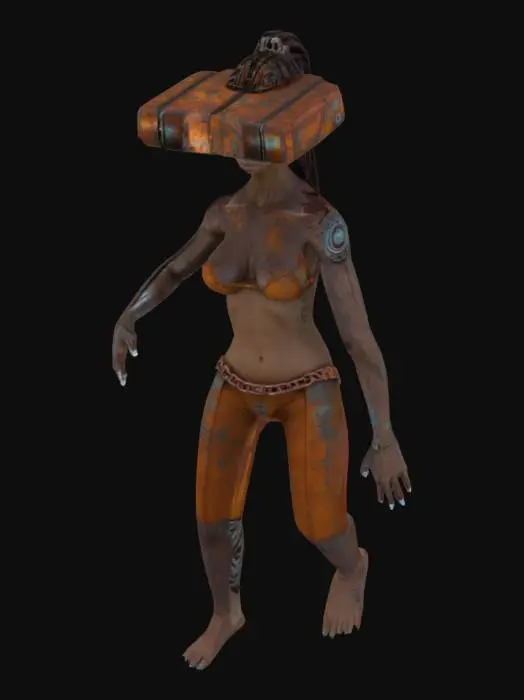 3D model for Ultra-detailed 3D render of a petite female fit beautiful nature cyborg 'Tank Metalhead'. holographic rusty metal. Hyper-realistic textures: oiled metallic skin fused with armored plating, rivets, and battle scars. Instead of a head, a rusted tank turret emerges, with 5 thick, cable-like dreadlocks made of braided steel chains and hydraulic hoses. Boris Vallejo-inspired palette: burnished copper, gunmetal, and blood-red tribal tattoos glowing across chest.  roaring mid-stride on a shattered battlefield, crushing debris under tank-tread boots. Dramatic sunset lighting accentuates chrome abs and dieselpunk exhaust pipes on shoulders. 8k resolution, Unreal Engine 5 realism, subsurface scattering on skin, octane render. Style: hybrid of biomechanical horror and heavy metal album art. T-posed.