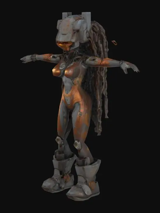 3D model for T-posed. Ultra-detailed 3D render of a petite female fit beautiful nature cyborg 'Tank Metalhead'. holographic rusty metal. Hyper-realistic textures: oiled metallic skin fused with armored plating, rivets, and battle scars. Instead of a head, a rusted tank turret emerges, with 5 thick, cable-like dreadlocks made of braided steel chains and hydraulic hoses. Boris Vallejo-inspired palette: burnished copper, gunmetal, and blood-red tribal tattoos glowing across chest.  roaring mid-stride on a shattered battlefield, crushing debris under tank-tread boots. Dramatic sunset lighting accentuates chrome abs and dieselpunk exhaust pipes on shoulders. 8k resolution, Unreal Engine 5 realism, subsurface scattering on skin, octane render. Style: hybrid of biomechanical horror and heavy metal album art. 