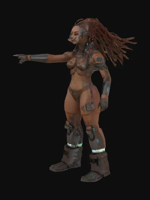 3D model for T-posed. Ultra-detailed 3D render of a petite female fit beautiful nature cyborg 'Tank Metalhead'. holographic rusty metal. Hyper-realistic textures: oiled metallic skin fused with armored plating, rivets, and battle scars. Instead of a head, a rusted tank turret emerges, with 5 thick, cable-like dreadlocks made of braided steel chains and hydraulic hoses. Boris Vallejo-inspired palette: burnished copper, gunmetal, and blood-red tribal tattoos glowing across chest.  roaring mid-stride on a shattered battlefield, crushing debris under tank-tread boots. Dramatic sunset lighting accentuates chrome abs and dieselpunk exhaust pipes on shoulders. 8k resolution, Unreal Engine 5 realism, subsurface scattering on skin, octane render. Style: hybrid of biomechanical horror and heavy metal album art. 