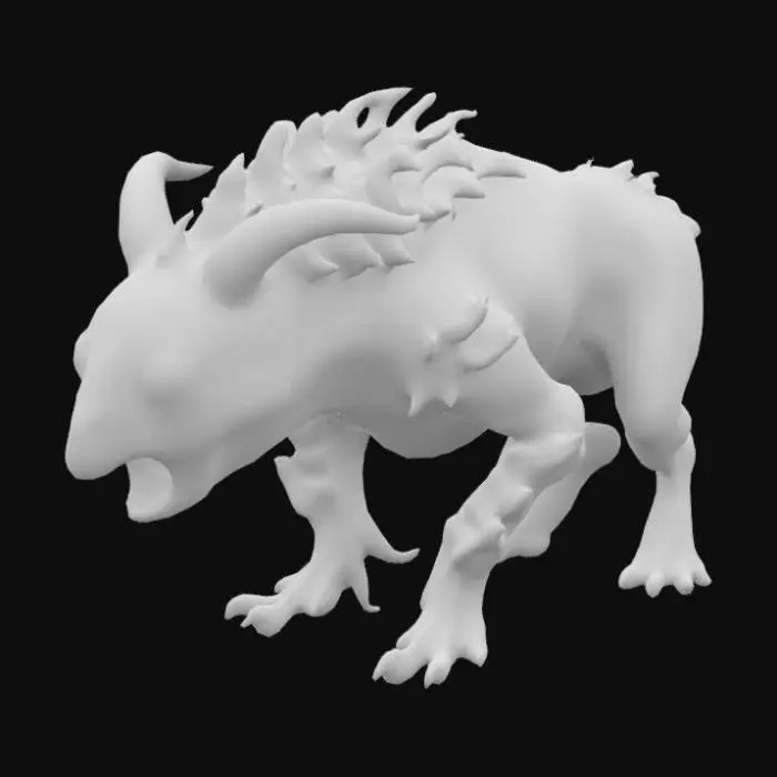 3D model for A hunched creature with an elongated, lumpy head covered in warty, stone-like skin. One eye is oversized and glows faintly, while the other is shrunken and nearly shut. Jagged horns sprout unevenly from its skull, and its mouth stretches too wide, filled with crooked, needle-like teeth. Patches of wiry, moss-like hair cling to its scalp, giving it a wild, eerie look.