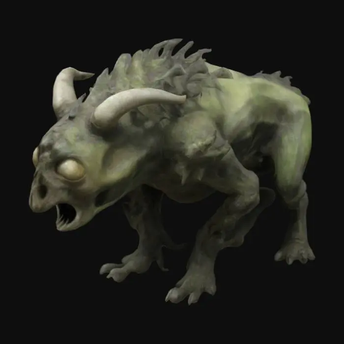 3D model for A hunched creature with an elongated, lumpy head covered in warty, stone-like skin. One eye is oversized and glows faintly, while the other is shrunken and nearly shut. Jagged horns sprout unevenly from its skull, and its mouth stretches too wide, filled with crooked, needle-like teeth. Patches of wiry, moss-like hair cling to its scalp, giving it a wild, eerie look.