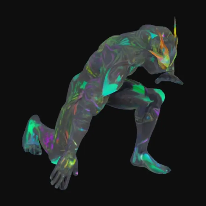 3D model for The object features an elongated, humanoid shape with sharp, fluorescent wild nature angular punk geometry figures and liquid metal tribal forms and a textured, iridescent surface resembling organic armor. T-pose
