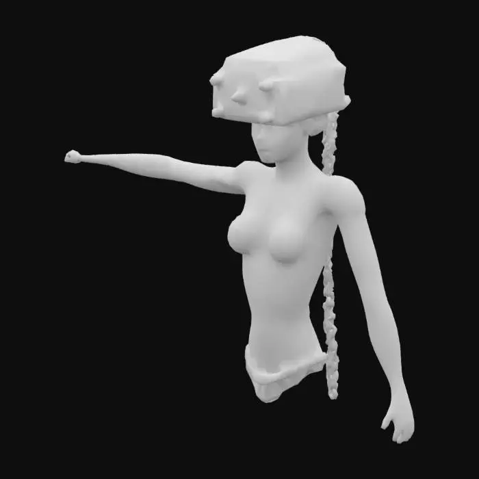 3D model for T-posed. Ultra-detailed 3D render of a petite female fit beautiful nature cyborg 'Tank Metalhead'. holographic rusty metal. Hyper-realistic textures: oiled metallic skin fused with armored plating, rivets, and battle scars. Instead of a head, a rusted tank turret emerges, with 5 thick, cable-like dreadlocks made of braided steel chains and hydraulic hoses. Boris Vallejo-inspired palette: burnished copper, gunmetal, and blood-red tribal tattoos glowing across chest.  roaring mid-stride on a shattered battlefield, crushing debris under tank-tread boots. Dramatic sunset lighting accentuates chrome abs and dieselpunk exhaust pipes on shoulders. 8k resolution, Unreal Engine 5 realism, subsurface scattering on skin, octane render. Style: hybrid of biomechanical horror and heavy metal album art. 