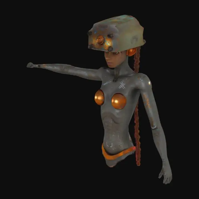 3D model for T-posed. Ultra-detailed 3D render of a petite female fit beautiful nature cyborg 'Tank Metalhead'. holographic rusty metal. Hyper-realistic textures: oiled metallic skin fused with armored plating, rivets, and battle scars. Instead of a head, a rusted tank turret emerges, with 5 thick, cable-like dreadlocks made of braided steel chains and hydraulic hoses. Boris Vallejo-inspired palette: burnished copper, gunmetal, and blood-red tribal tattoos glowing across chest.  roaring mid-stride on a shattered battlefield, crushing debris under tank-tread boots. Dramatic sunset lighting accentuates chrome abs and dieselpunk exhaust pipes on shoulders. 8k resolution, Unreal Engine 5 realism, subsurface scattering on skin, octane render. Style: hybrid of biomechanical horror and heavy metal album art. 