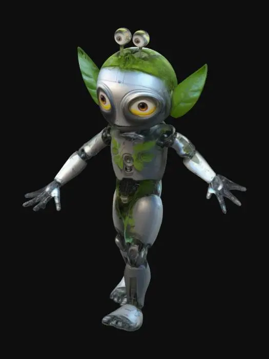 3D model for haz un minion que sea una parte humano una parte planta y otra parte cyborg con un estilo cyberpunk y lo vas a hacer en la t pose