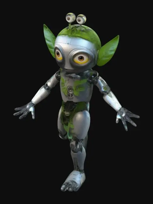 3D model for haz un minion que sea una parte humano una parte planta y otra parte cyborg con un estilo cyberpunk y lo vas a hacer en la t pose