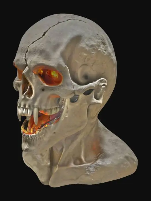 3D model for haz una calavera de roca con la boca  muy abierta como si estuviera sufriendo con los ojos de con luz emisiva de fuego , la calavera es de un humanoide con una mezcla de golem no tiene que tener formas tan humanas #emblem#