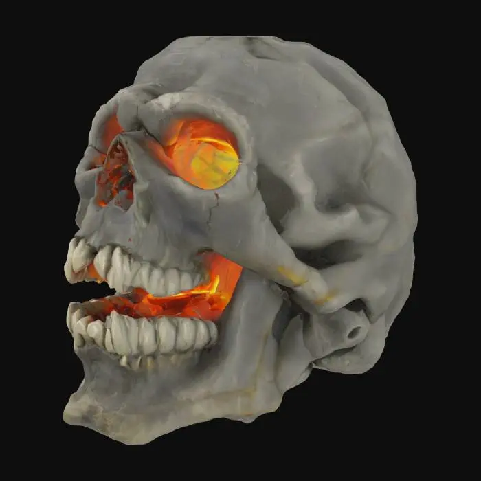 3D model for haz una calavera de roca con la boca abierta como si estuviera sufriendo con los ojos de con luz emisiva de fuego , #emblem#