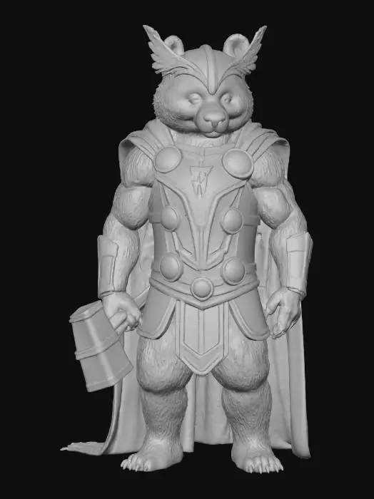 3D model for A panda wearing a thor costume holding molnir in the air.