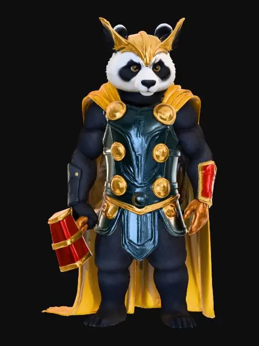 3D model for A panda wearing a thor costume holding molnir in the air.