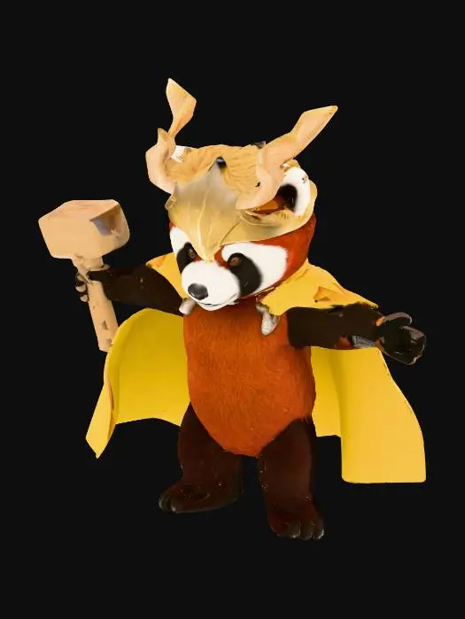 3D model for A panda wearing a thor costume holding a norse hammer above his head.