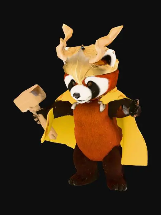 3D model for A panda wearing a thor costume holding a norse hammer above his head.