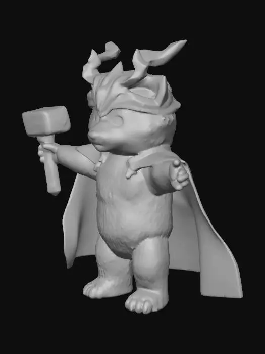 3D model for A panda wearing a thor costume holding a norse hammer above his head.