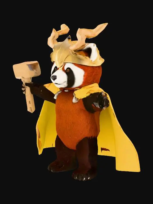 3D model for A panda wearing a thor costume holding a norse hammer above his head.