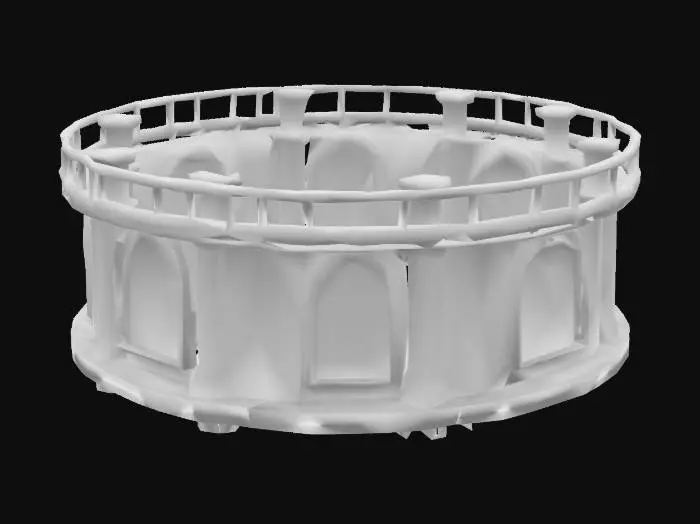 3D model for Simple steampunk papal chamber. Enclosed room with four walls, no ceiling (top-down view). Walls made of aged stone with embedded brass pipes and a few exposed gears. Add arched windows with stained glass and cogwheel patterns. Floor is stone or metal tiles with light steampunk details. No throne or furniture needed, just a clean ceremonial room with a steampunk mood. Include a few wall-mounted tubes or vents with soft glowing light. Warm atmosphere, sacred and mechanical. Fully enclosed room, open from above.