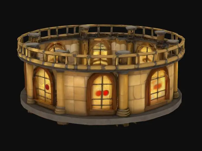 3D model for Simple steampunk papal chamber. Enclosed room with four walls, no ceiling (top-down view). Walls made of aged stone with embedded brass pipes and a few exposed gears. Add arched windows with stained glass and cogwheel patterns. Floor is stone or metal tiles with light steampunk details. No throne or furniture needed, just a clean ceremonial room with a steampunk mood. Include a few wall-mounted tubes or vents with soft glowing light. Warm atmosphere, sacred and mechanical. Fully enclosed room, open from above.
