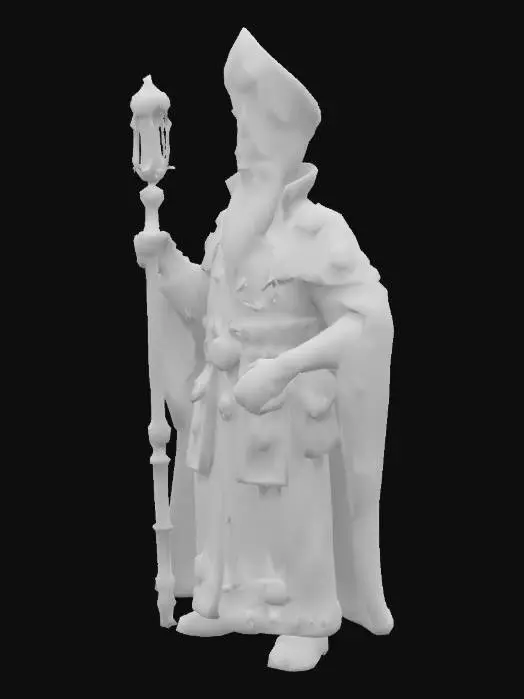 3D model for 3D model of The Hierophant (The Pope) tarot card character in steampunk style. A regal, wise old man with a long beard, wearing a detailed papal mitre enhanced with gears, brass, glowing tubes, and clockwork. Robes blend traditional vestments with leather, metal plates, steam vents, and embossed cog motifs. Holds a steampunk crosier with mechanical parts and glowing elements. Wears cybernetic gloves with gears and pistons. Features symbolic steampunk elements (keys, crosses, halo or wings). Materials: aged brass, leather, glass, copper, warm glowing cores. Mystical yet mechanical, blending divine tarot symbolism with retrofuturistic design. Standing in a solemn, ceremonial pose.