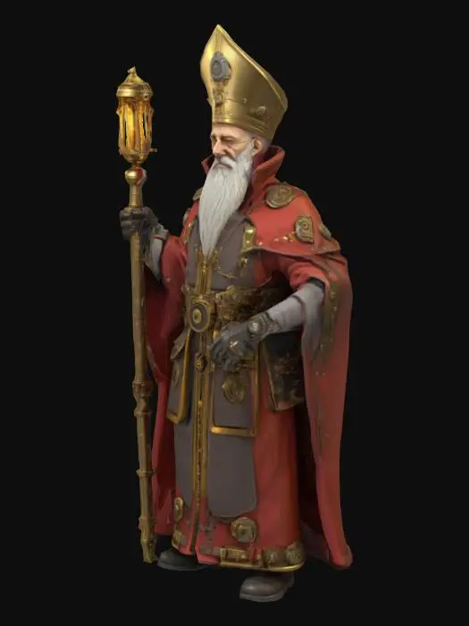 3D model for 3D model of The Hierophant (The Pope) tarot card character in steampunk style. A regal, wise old man with a long beard, wearing a detailed papal mitre enhanced with gears, brass, glowing tubes, and clockwork. Robes blend traditional vestments with leather, metal plates, steam vents, and embossed cog motifs. Holds a steampunk crosier with mechanical parts and glowing elements. Wears cybernetic gloves with gears and pistons. Features symbolic steampunk elements (keys, crosses, halo or wings). Materials: aged brass, leather, glass, copper, warm glowing cores. Mystical yet mechanical, blending divine tarot symbolism with retrofuturistic design. Standing in a solemn, ceremonial pose.