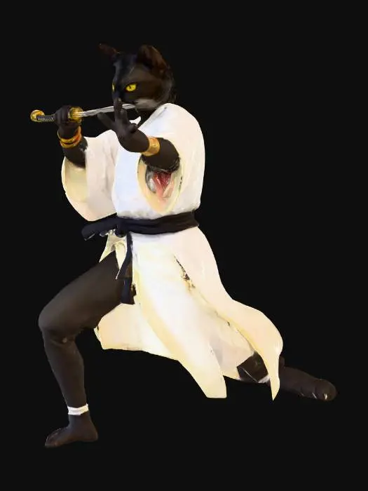 3D model for Табакси (человек кот) монах в белом кимоно, черная шерсть, желтые глаза. Поза кунг фу. В одной руке кинжал. Он монах путя тени, если что. 