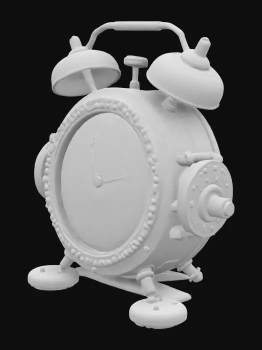 3D model for Steampunk-style alarm clock designed for 3D printing. Features include visible, manually operable gears independent of the clock mechanism, ornate front panel with rivets and tubing, and a sturdy, retro-futuristic frame. The design should accommodate a standard clock mechanism measuring 5.5 x 6.9 x 1 cm. The model should be modular, consisting of multiple pieces for ease of printing and assembly