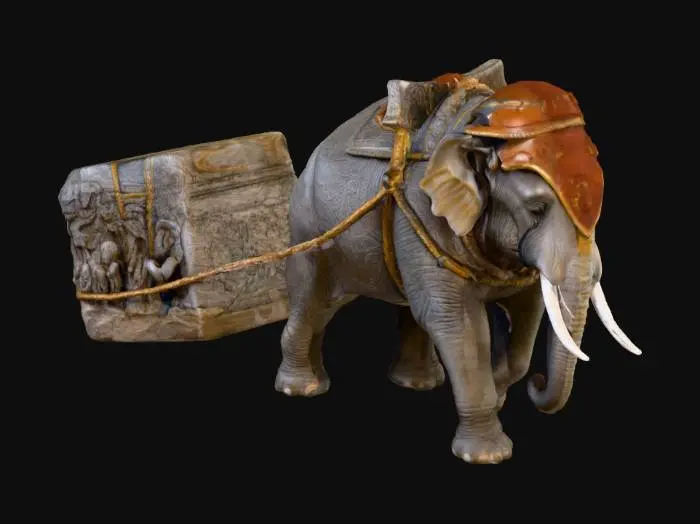 3D model for Side view of a full-sized Khmer elephant pulling a massive Angkor-era sandstone block behind it with thick ropes, historically accurate for the Khmer Empire, stone covered in intricate bas-relief carvings and moss, elephant adorned with authentic ceremonial harness in gold, red, and traditional Khmer patterns, realistic wrinkled skin and textured tusks, lush tropical jungle and partially ruined Angkor temple structures in the background, dust and small debris rising as the elephant pulls, ropes taut showing strain, cinematic natural sunlight casting realistic shadows, photorealistic, ultra-detailed, high-resolution, epic historical scene, sense of weight, motion, and grandeur, historically accurate scale for both elephant and stone.