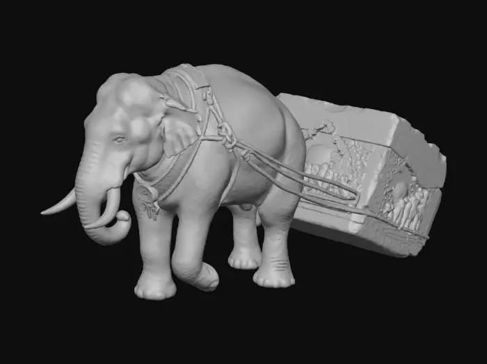 3D model for Side view of a full-sized Khmer elephant pulling a massive Angkor-era sandstone block behind it with thick ropes, historically accurate for the Khmer Empire, stone covered in intricate bas-relief carvings and moss, elephant adorned with authentic ceremonial harness in gold, red, and traditional Khmer patterns, realistic wrinkled skin and textured tusks, lush tropical jungle and partially ruined Angkor temple structures in the background, dust and small debris rising as the elephant pulls, ropes taut showing strain, cinematic natural sunlight casting realistic shadows, photorealistic, ultra-detailed, high-resolution, epic historical scene, sense of weight, motion, and grandeur, historically accurate scale for both elephant and stone.