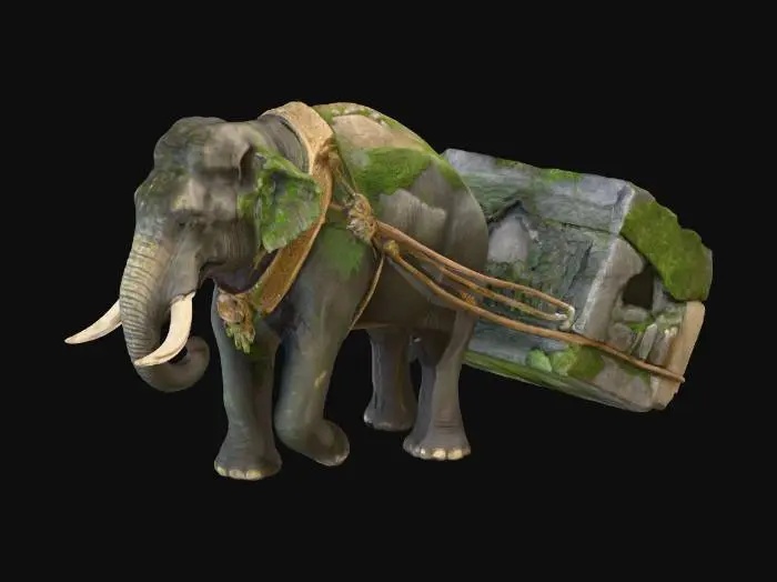 3D model for Side view of a full-sized Khmer elephant pulling a massive Angkor-era sandstone block behind it with thick ropes, historically accurate for the Khmer Empire, stone covered in intricate bas-relief carvings and moss, elephant adorned with authentic ceremonial harness in gold, red, and traditional Khmer patterns, realistic wrinkled skin and textured tusks, lush tropical jungle and partially ruined Angkor temple structures in the background, dust and small debris rising as the elephant pulls, ropes taut showing strain, cinematic natural sunlight casting realistic shadows, photorealistic, ultra-detailed, high-resolution, epic historical scene, sense of weight, motion, and grandeur, historically accurate scale for both elephant and stone.