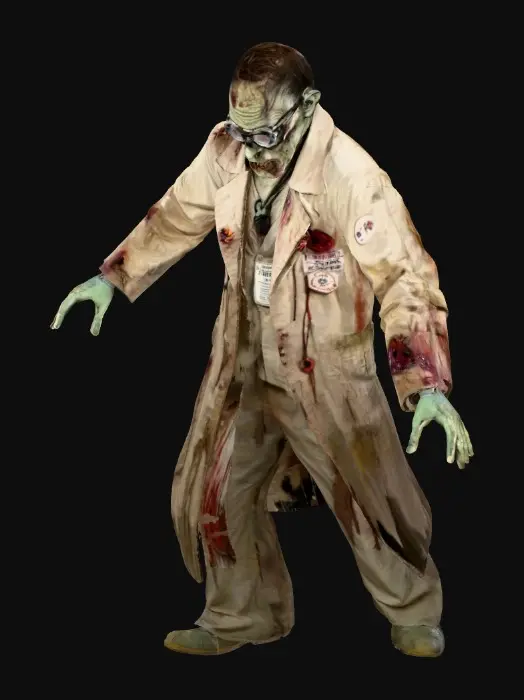 3D model for A zombie scientist lurches forward, eyes are white with dark sockets prominent on its putrefied face. Its skin is a sickly greenish-gray. Decaiing. It wears a tattered, filth-stained lab coat, ripped and frayed, showing skin beneath. Its posture is hunched, arms slightly outstretched, conveying a slow, relentless movement.