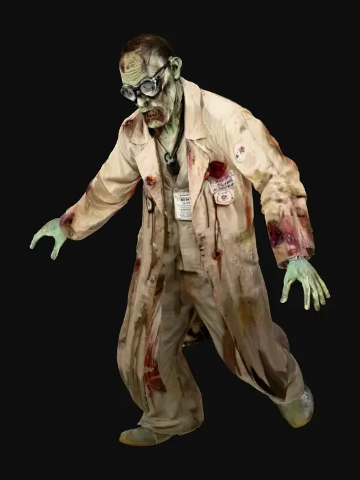 3D model for A zombie scientist lurches forward, eyes are white with dark sockets prominent on its putrefied face. Its skin is a sickly greenish-gray. Decaiing. It wears a tattered, filth-stained lab coat, ripped and frayed, showing skin beneath. Its posture is hunched, arms slightly outstretched, conveying a slow, relentless movement.