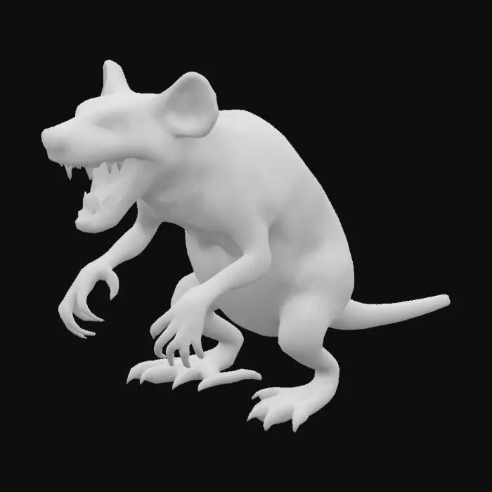 3D model for A monstrous, grotesque rat creature, its massive body unnaturally distended and flabby, covered in matted, greasy fur of dull brown and grey. Its skin, where exposed, is sickly pink and stretched taut over layers of fat, mottled with scabs and boils. Sharp, yellowed teeth protrude from a snarling maw, while small, malevolent red eyes glow fiercely. Its thick, segmented tail is scaled and scarred, and its limbs end in oversized, razor-sharp claws, struggling under the sheer weight of its bulk. The texture is a repulsive blend of coarse fur and bloated, unhealthy flesh.