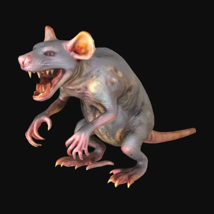 3D model for A monstrous, grotesque rat creature, its massive body unnaturally distended and flabby, covered in matted, greasy fur of dull brown and grey. Its skin, where exposed, is sickly pink and stretched taut over layers of fat, mottled with scabs and boils. Sharp, yellowed teeth protrude from a snarling maw, while small, malevolent red eyes glow fiercely. Its thick, segmented tail is scaled and scarred, and its limbs end in oversized, razor-sharp claws, struggling under the sheer weight of its bulk. The texture is a repulsive blend of coarse fur and bloated, unhealthy flesh.
