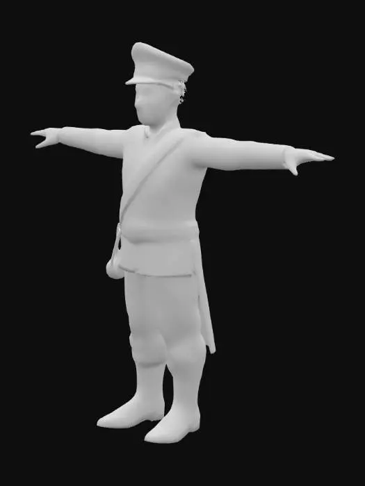 3D model for A male figure with dark skin and short, curly black hair stands upright, arms outstretched in a T pose. He wears a structured, cream-colored military uniform with a short, tailored jacket featuring intricate gold foliate embroidery on the chest and cuffs. A deep red sash crosses his chest, adorned with a black and red cross strap. Gold fringed epaulets rest on his shoulders. He has a brown leather belt with an ornate gold buckle, carrying a small pouch and a sword scabbard. His fitted trousers match the coat, complemented by polished dark brown leather shoes. He wears a white, red and gold tall structured peaked military cap, with a black brim and red and gold trim vertically up and down the middle.