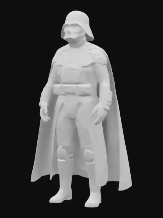3D model for Realistic Darth Vader character standing in a natural pose. Wearing black futuristic armor with glossy surfaces, a long flowing cape, chest control panel with buttons, wide utility belt, and tall black boots. Sleek reflective helmet with a grill mouthpiece. Materials include black metal and leather. Cinematic sci-fi style, highly detailed.Ready for rigging