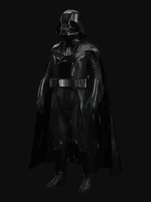 3D model for Realistic Darth Vader character standing in a natural pose. Wearing black futuristic armor with glossy surfaces, a long flowing cape, chest control panel with buttons, wide utility belt, and tall black boots. Sleek reflective helmet with a grill mouthpiece. Materials include black metal and leather. Cinematic sci-fi style, highly detailed.Ready for rigging