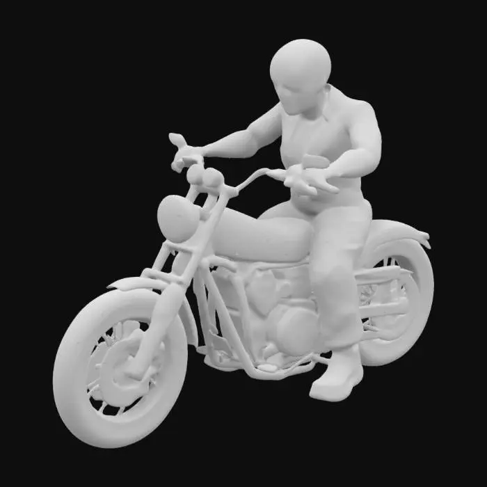 3D model for A biker riding a Harley Davidson Fat Bob model, wearing a leather jacket, jeans, and a full face helmet. Black motorcycle. ultra realistic, 8k texture