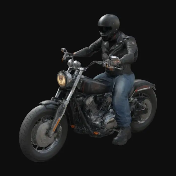 3D model for A biker riding a Harley Davidson Fat Bob model, wearing a leather jacket, jeans, and a full face helmet. Black motorcycle. ultra realistic, 8k texture