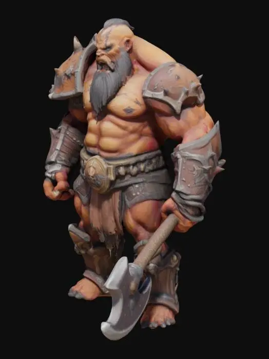3D model for une statuette du personnage de world of warcraft Garrosh Hellscream avec beaucoup de détaille. il a une superbe hache de guerre, il a l'air très agressif 