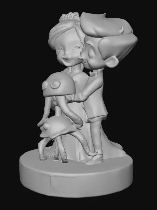 3D model for a bride and groom like a cake topper, being hugged by a cartoon style jellyfish