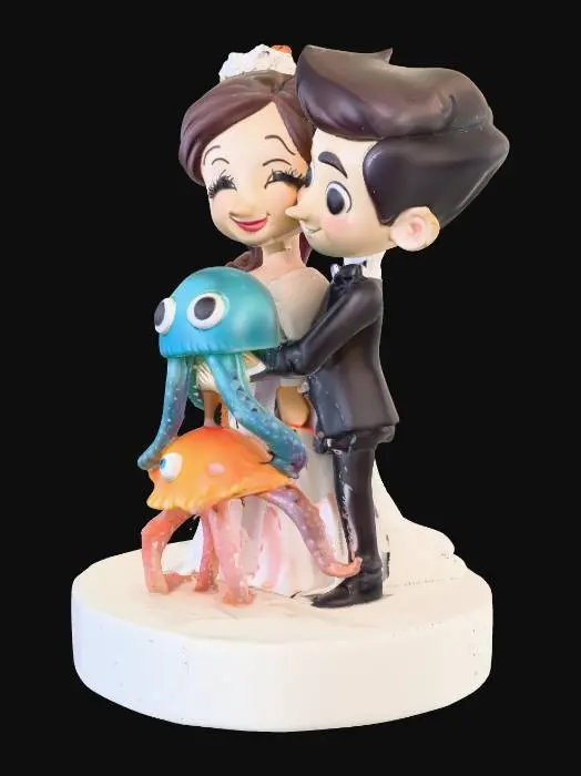 3D model for a bride and groom like a cake topper, being hugged by a cartoon style jellyfish