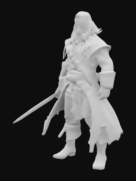 3D model for Powerful pirate wearing a layered outfit with cloth and leather, ruffled up, long dreadlock with beads in his hair, bandana round his head, holding a pirate sword, looking out with his hand above his eyes, small beard