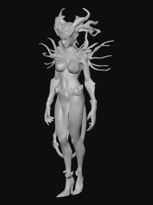 3D model for chaos creatures from another world with graceful body curves, slender tall figures, soft silky skin, elegant decorative clothing, technological elements on the body, delicate facial features, in action, extremely high details, high-resolution texture, epic stance