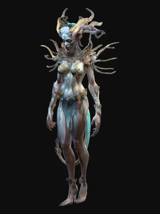 3D model for chaos creatures from another world with graceful body curves, slender tall figures, soft silky skin, elegant decorative clothing, technological elements on the body, delicate facial features, in action, extremely high details, high-resolution texture, epic stance