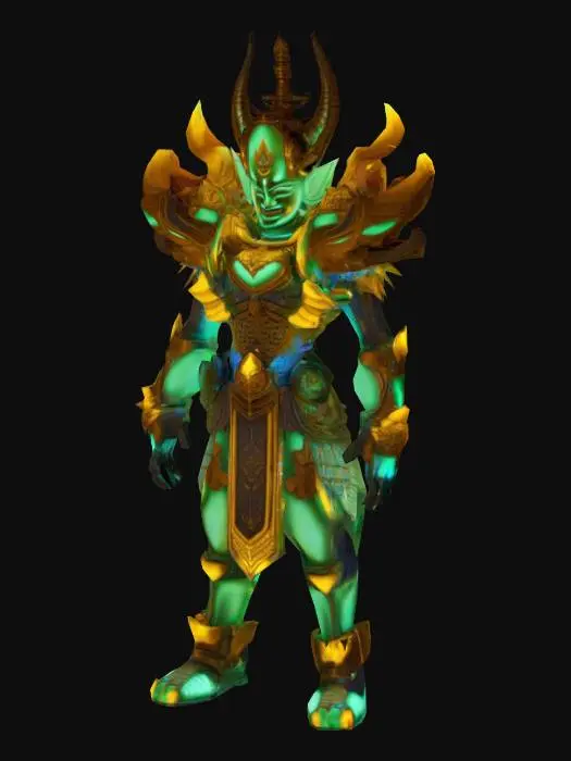 3D model for [Bangkok] A a futuristic giant guardian (Yaksha) inspired by the iconic statues of Wat Arun (Wat Jaeng) in Bangkok, Thailand. The design merges traditional Thai elements — intricate armor, ornate patterns, and majestic posture — with advanced futuristic aesthetics. The Yaksha is built with sleek metallic surfaces, glowing neon lines in Thai patterns (such as kanok motifs), and cybernetic enhancements. Its armor is a fusion of traditional Thai ceremonial wear and high-tech exoskeleton plating. The color palette combines emerald green, gold, and electric blue, with parts of the body emitting soft neon light. The atmosphere is set in a high-tech city or a temple floating in a sci-fi universe, under a starry or holographic sky, Style: Hyper-realistic cyberpunk.