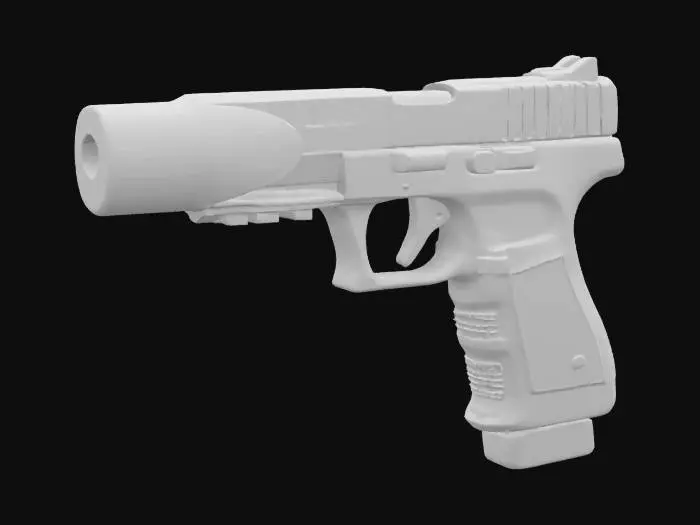 3D model for Call of Duty style, suppressed pistol, detailed, red and black accents