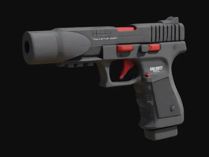 3D model for Call of Duty style, suppressed pistol, detailed, red and black accents