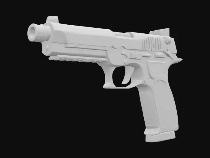 3D model for James Bond Secret Agent Pistol, semi-automatic pistol, huge barrel, Game Asset, Ultra Realistic, Unreal engine 5 FPS game, Call of duty, PKV MARK 3, HAMMER Edition, ARCH Compatible Barrel Muzzle Break